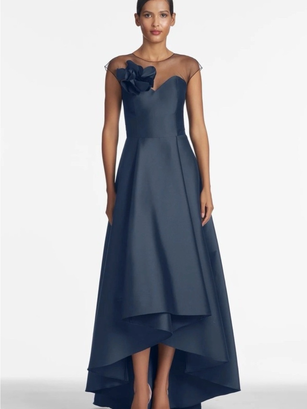 Sachin + Babi Navy A-Line Dress with Sheer Yoke and Floral Rosette